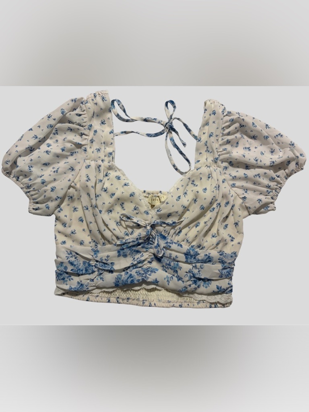 Thirty Thirty Blue Floral Puff Sleeve Milkmaid Crop Top Cottagecore M
